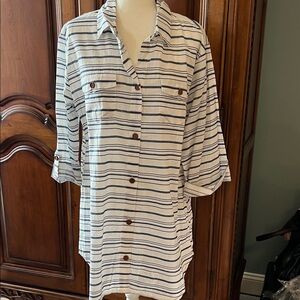 Dotti White and Blue Striped Button-Up Top, NWT, L